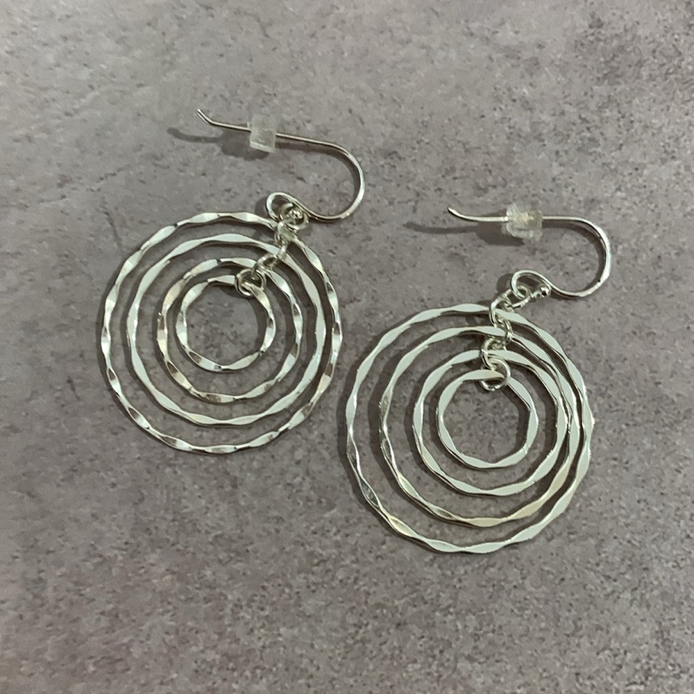 Silver Tone Four Hammered Halo Circle Dangle Earrings